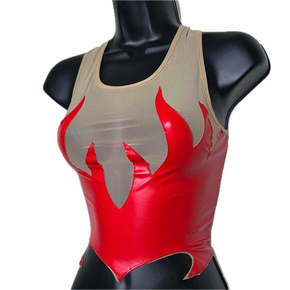 New S Red Flame Vegan Leather Top Sleeveless Mesh Y2K Stretchy Sexy Devil Satan - Picture 3 of 5
